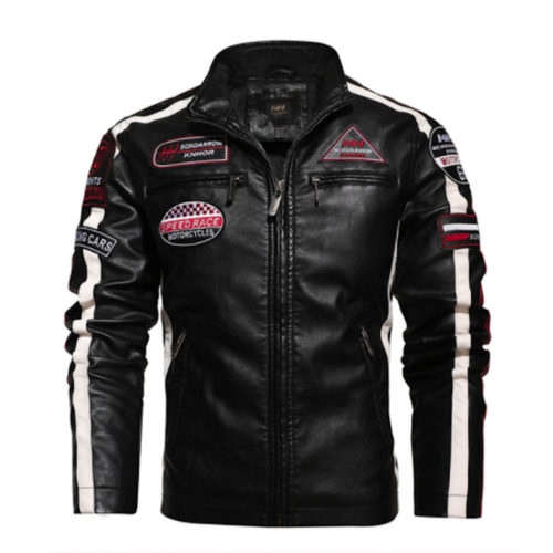 Mens Biker Vegan Leather Jacket With Badges - Pikemla