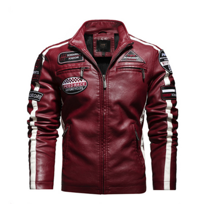 Mens Biker Vegan Leather Jacket With Badges - Pikemla