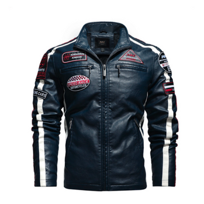 Mens Biker Vegan Leather Jacket With Badges - Pikemla