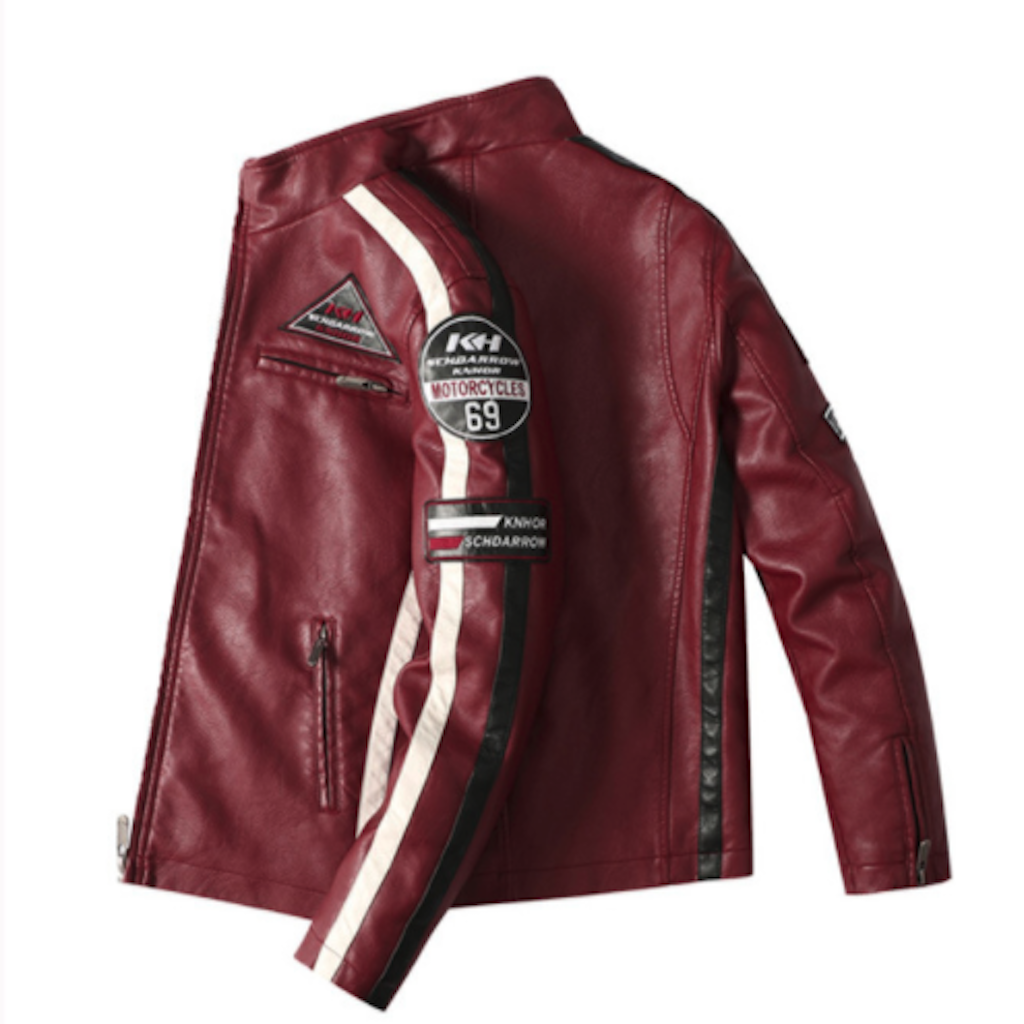 Mens Biker Vegan Leather Jacket With Badges - Pikemla