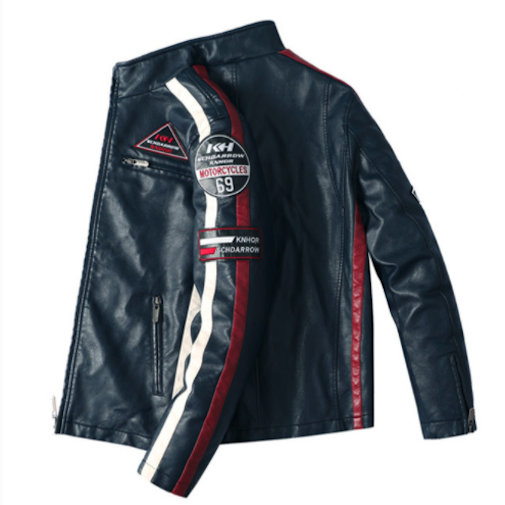 Mens Biker Vegan Leather Jacket With Badges - Pikemla