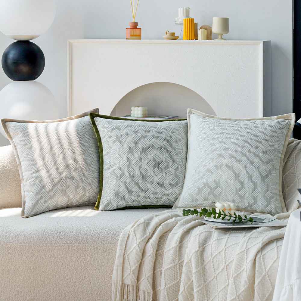 18"x18" square throw pillow set | herringbone trio | neutral white & olive green accents | 3-piece collection + insert options