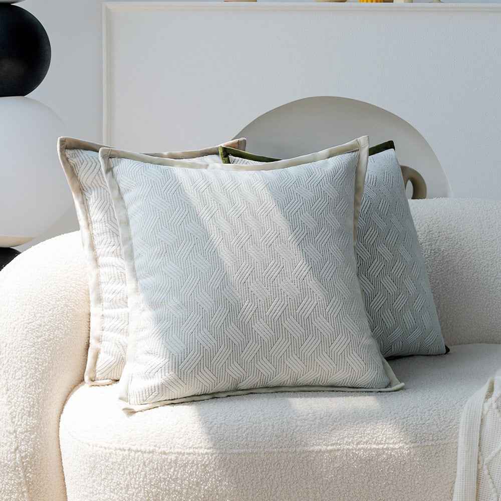 18"x18" square throw pillow set | herringbone trio | neutral white & olive green accents | 3-piece collection + insert options