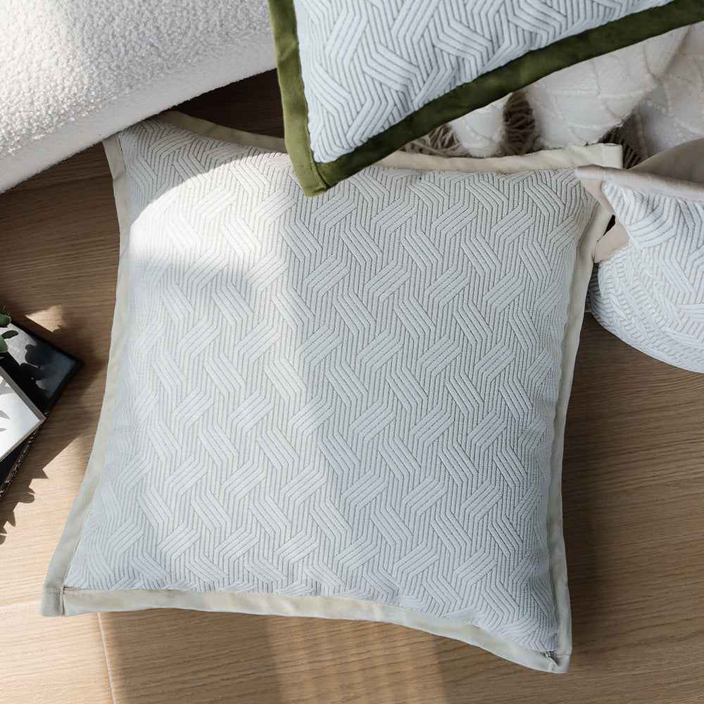 18"x18" square throw pillow set | herringbone trio | neutral white & olive green accents | 3-piece collection + insert options