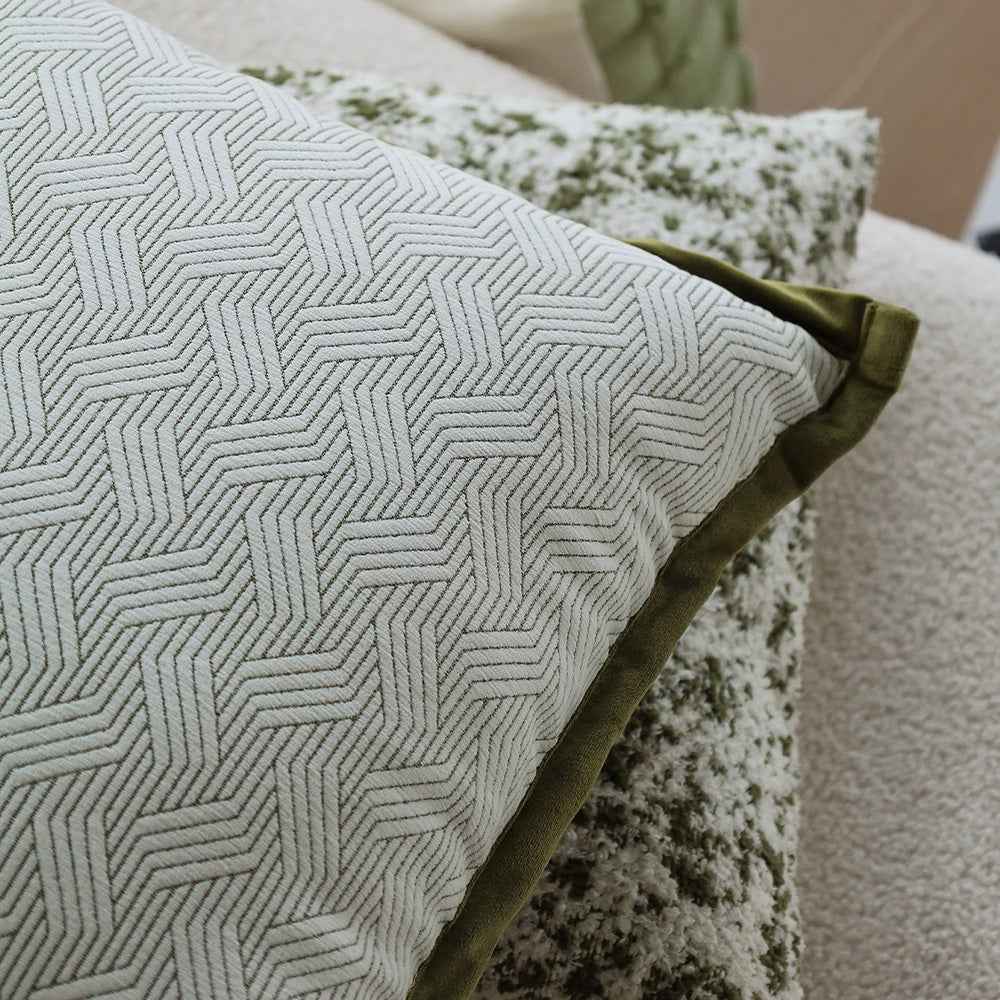 18"x18" square throw pillow set | herringbone trio | neutral white & olive green accents | 3-piece collection + insert options