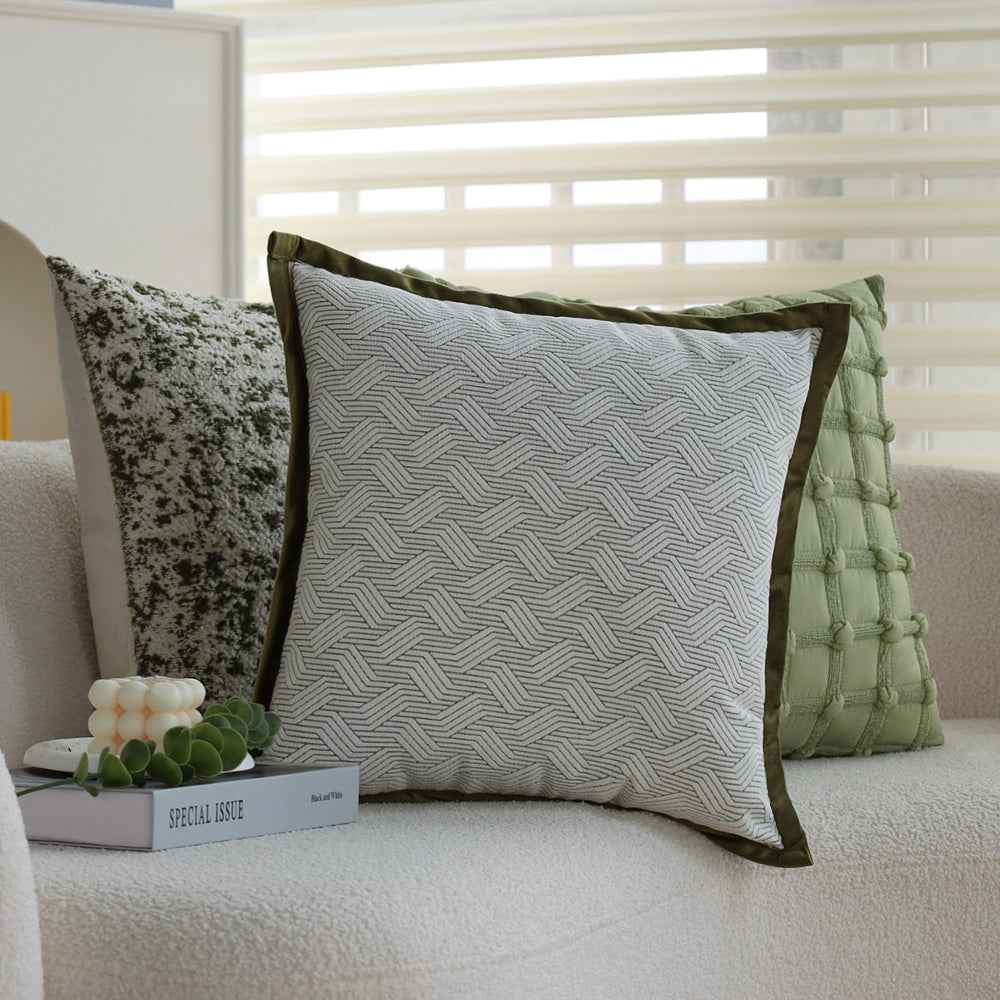18"x18" square throw pillow set | herringbone trio | neutral white & olive green accents | 3-piece collection + insert options