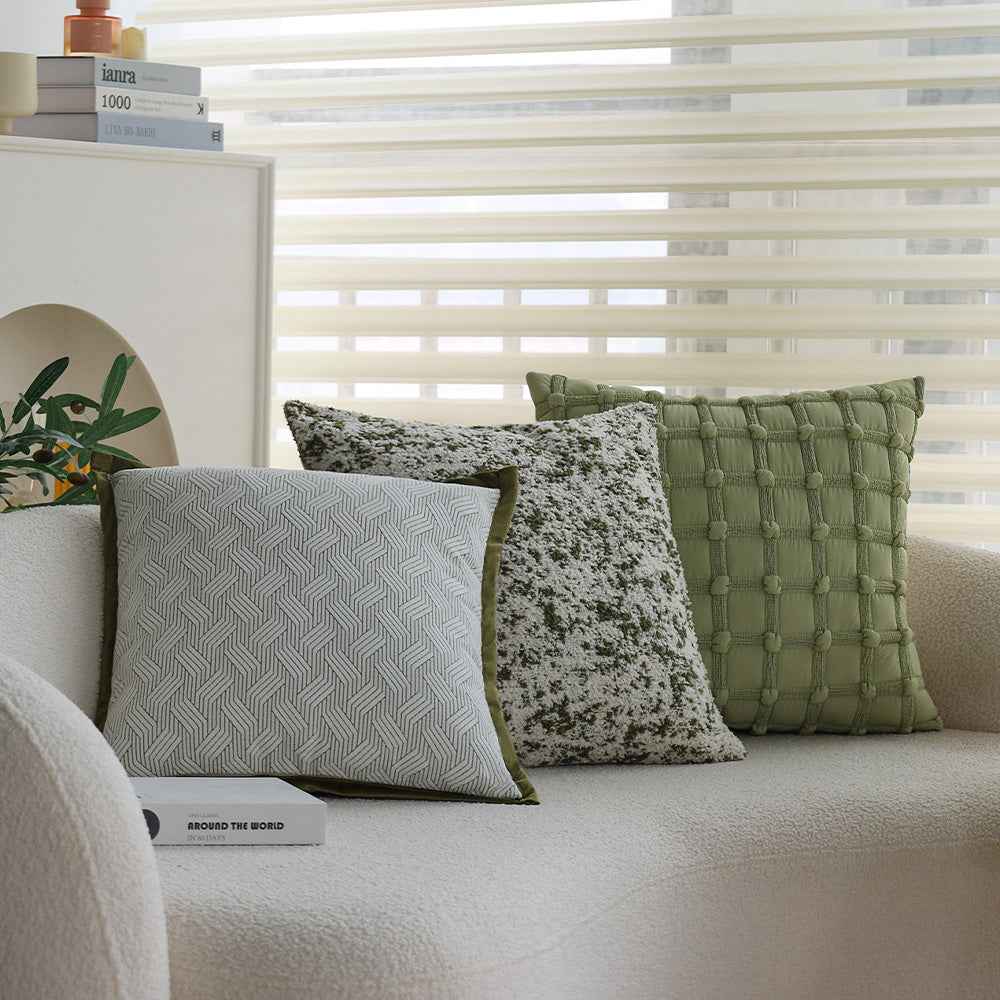 18"x18" square throw pillow set | herringbone trio | neutral white & olive green accents | 3-piece collection + insert options