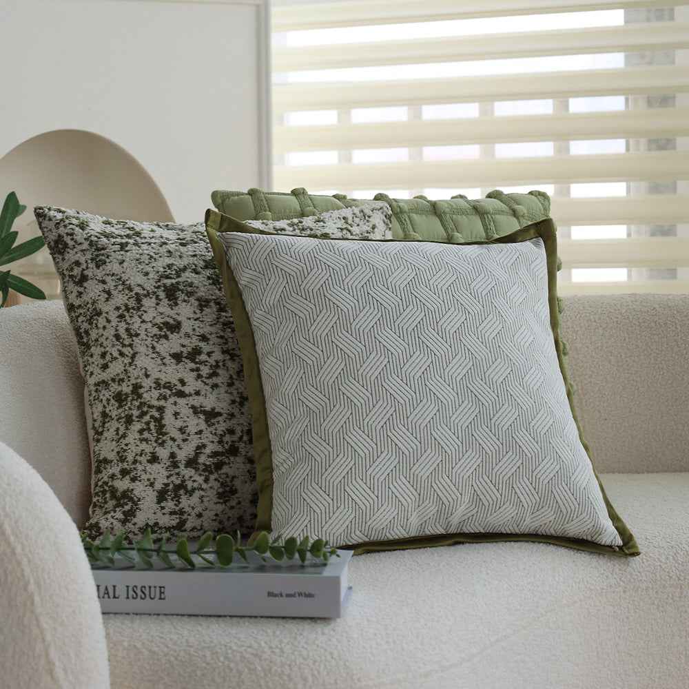 18"x18" square throw pillow set | herringbone trio | neutral white & olive green accents | 3-piece collection + insert options