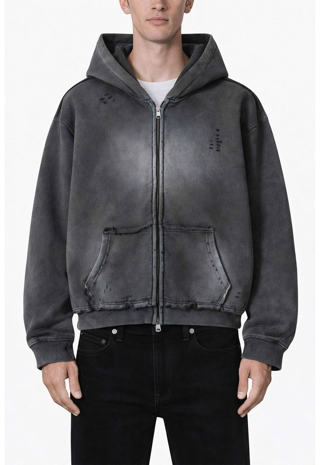 CHARCOAL DISTRESSED ZIP HOODIE