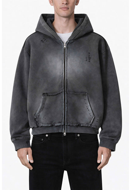 CHARCOAL DISTRESSED ZIP HOODIE