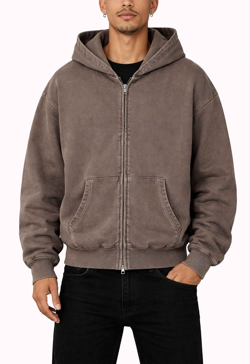BROWN VINTAGE WASH ZIP HOODIE
