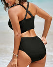 Textured Knot-Front High-Waisted Bikini Set