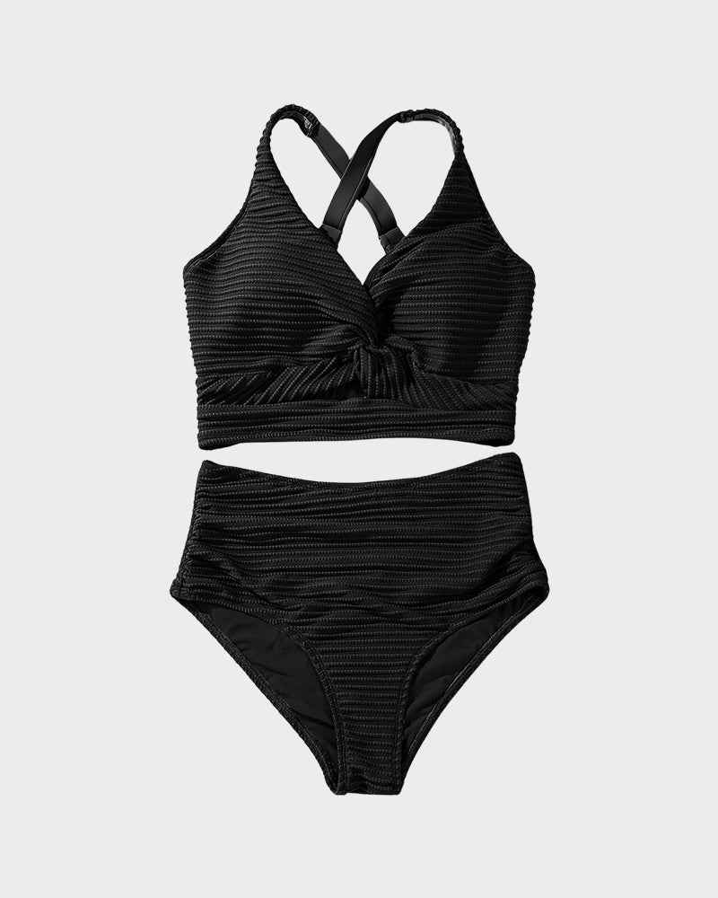 Textured Knot-Front High-Waisted Bikini Set
