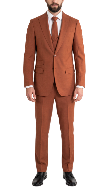 Rockford 3pc Rust Peak Lapel 2 Button Slim Fit Suit With Double Breasted Vest