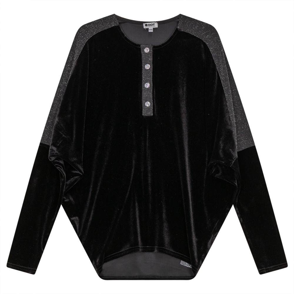 Velour Dolman Henley Top With Lurex Rib Contrast