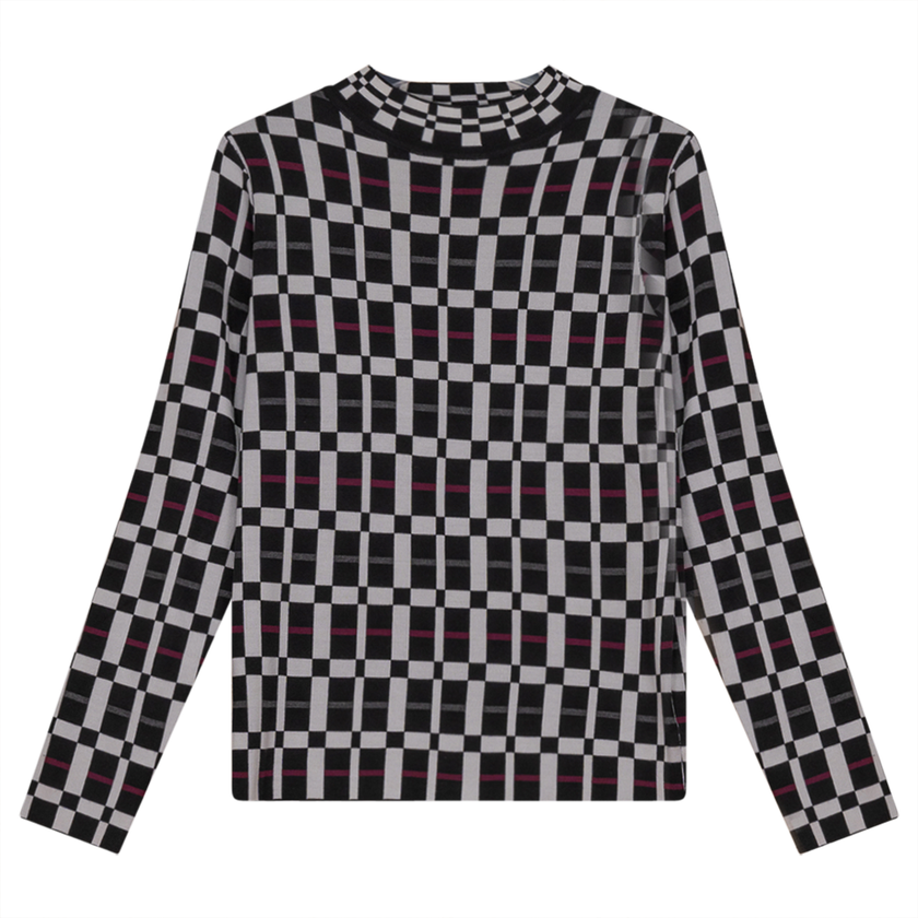 Mock Neck Checked Knit Sweater