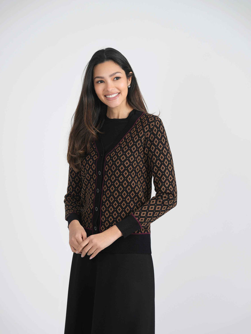 Sweater Knit With Diamond Design Cardigan