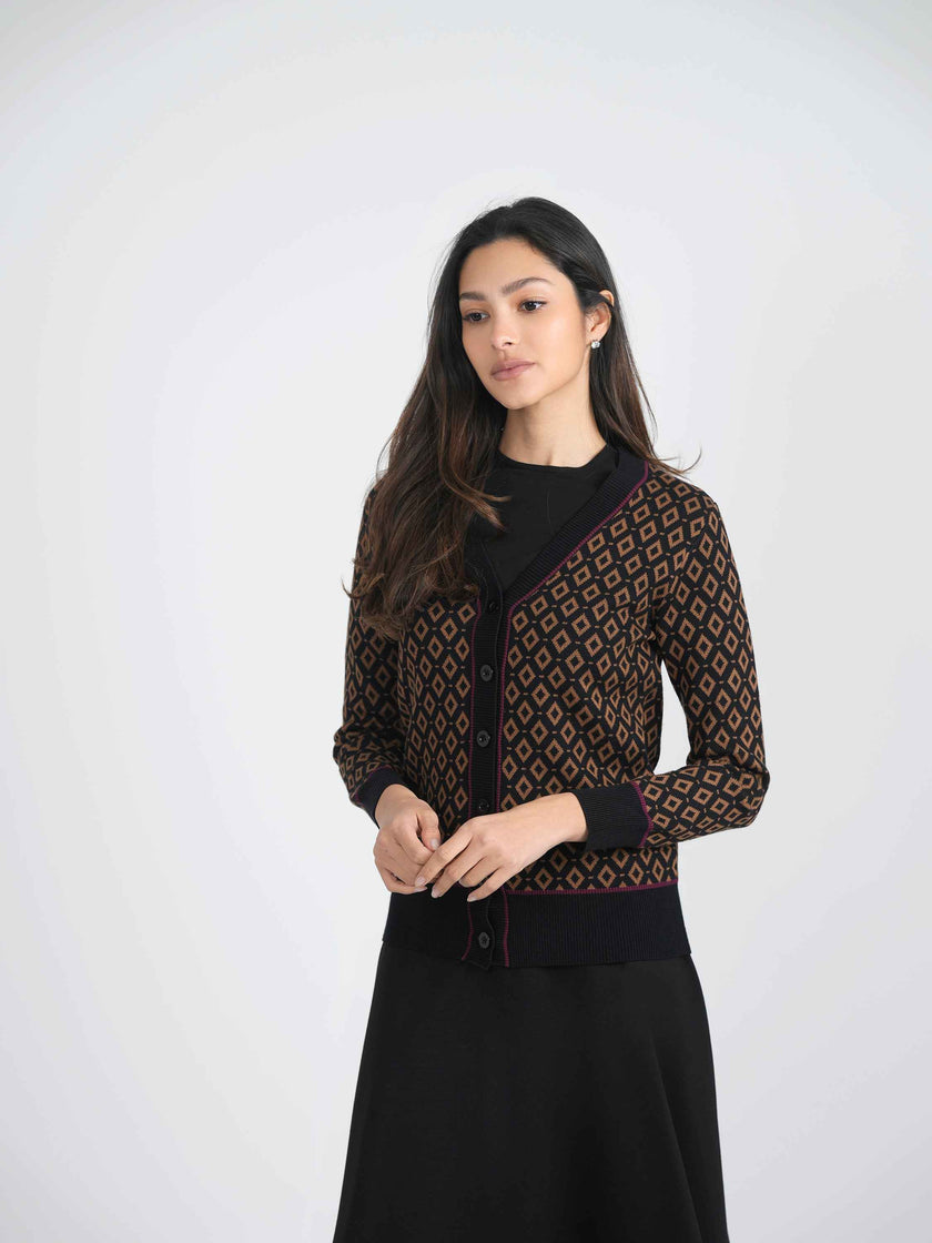 Sweater Knit With Diamond Design Cardigan
