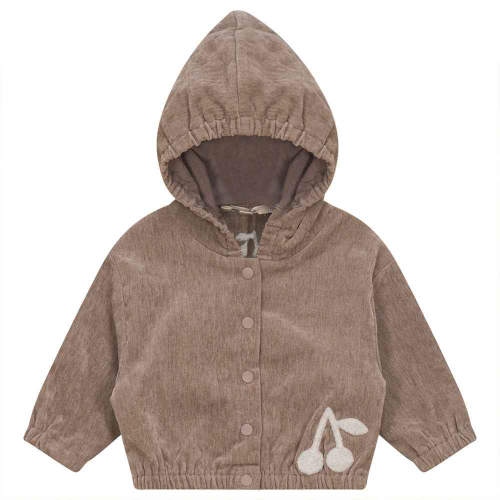 Velour Hoody Cardigan with Cherry Hook Stitchs