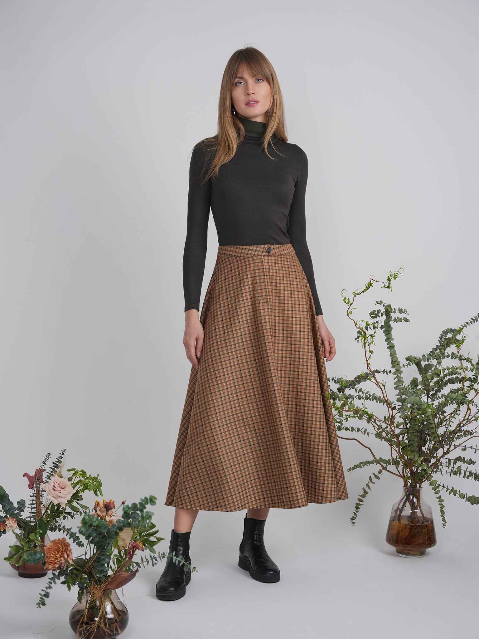 Plaid Fly Front Midi Skirt