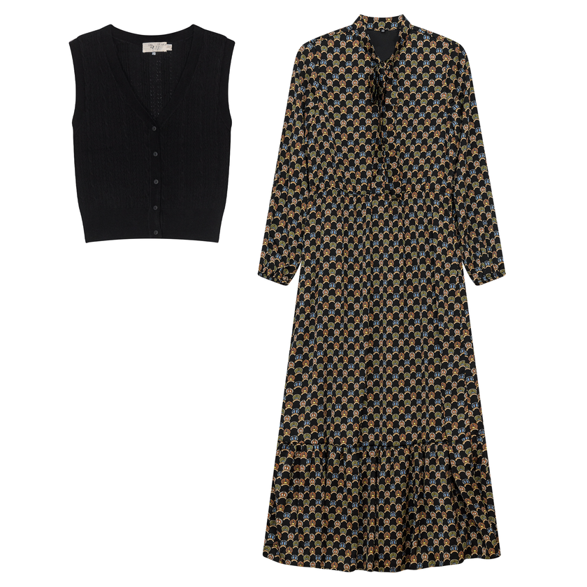 Printed Chiffon Tiered Dress With Crochet Knit Vest