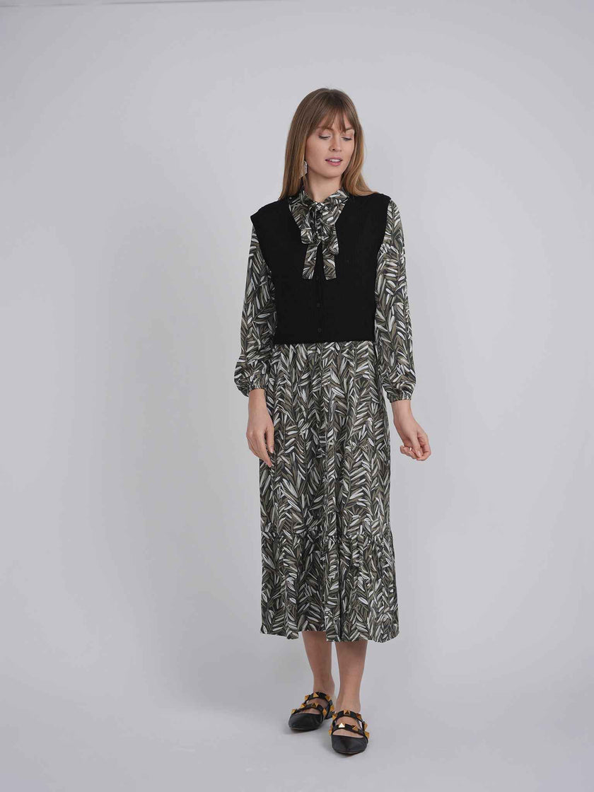 Printed Chiffon Tiered Dress With Crochet Knit Vest