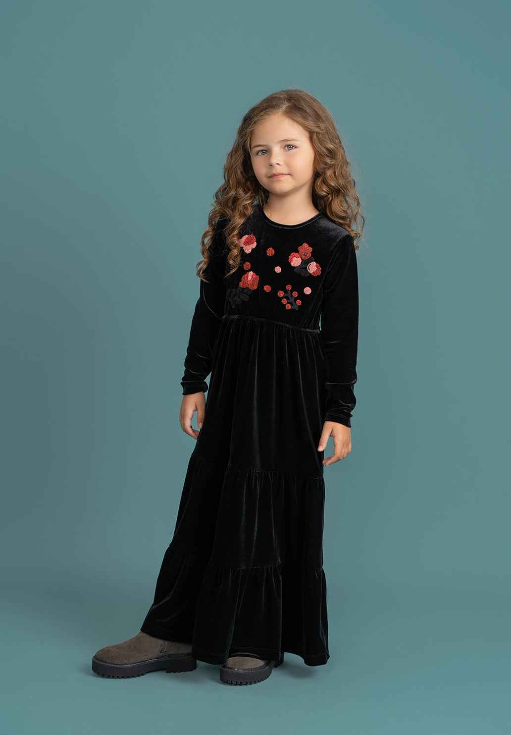 Flower Embroidered Velour Dress