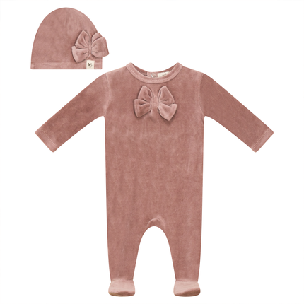 Bow Stitch Velour Onesie with Hat