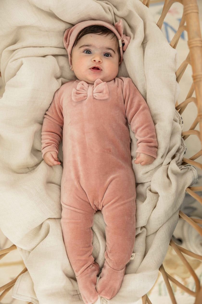 Bow Stitch Velour Onesie with Hat