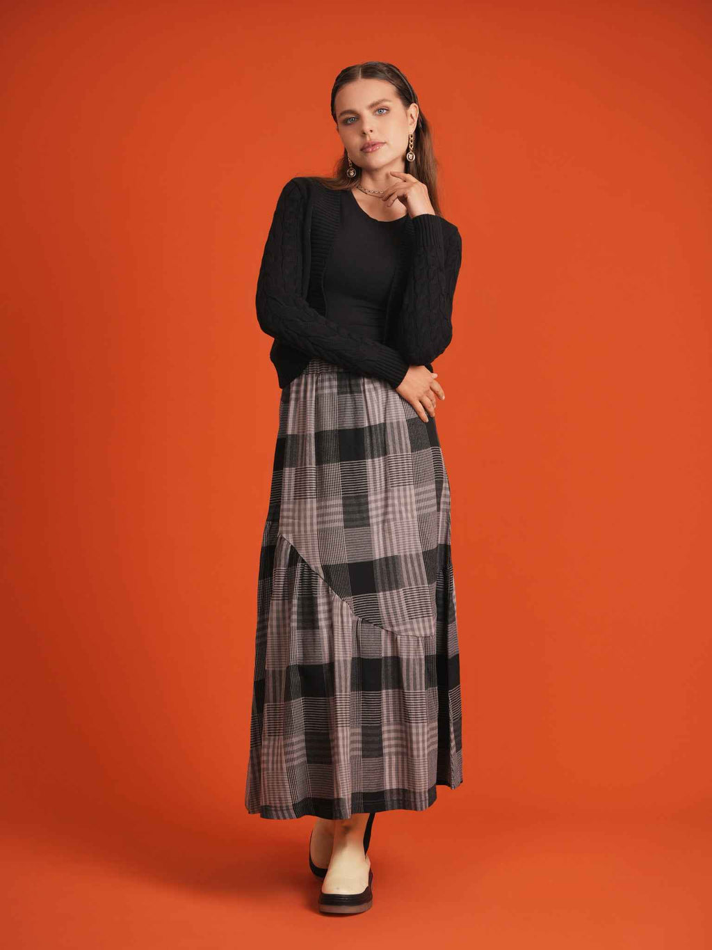 Woven Plaid Midi Skirt