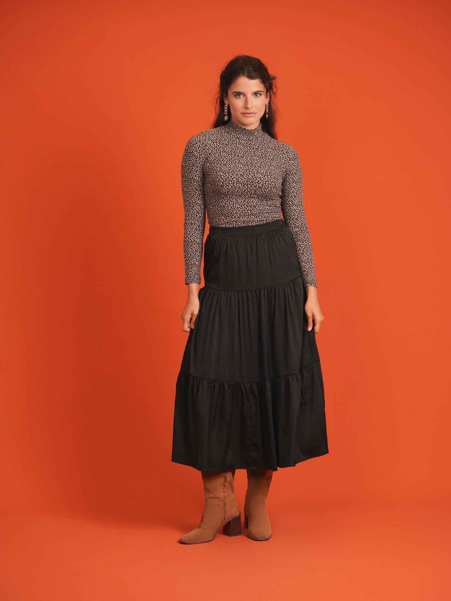 Midi Satin Tiered Skirt