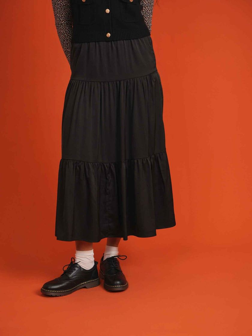 Midi Satin Tiered Skirt