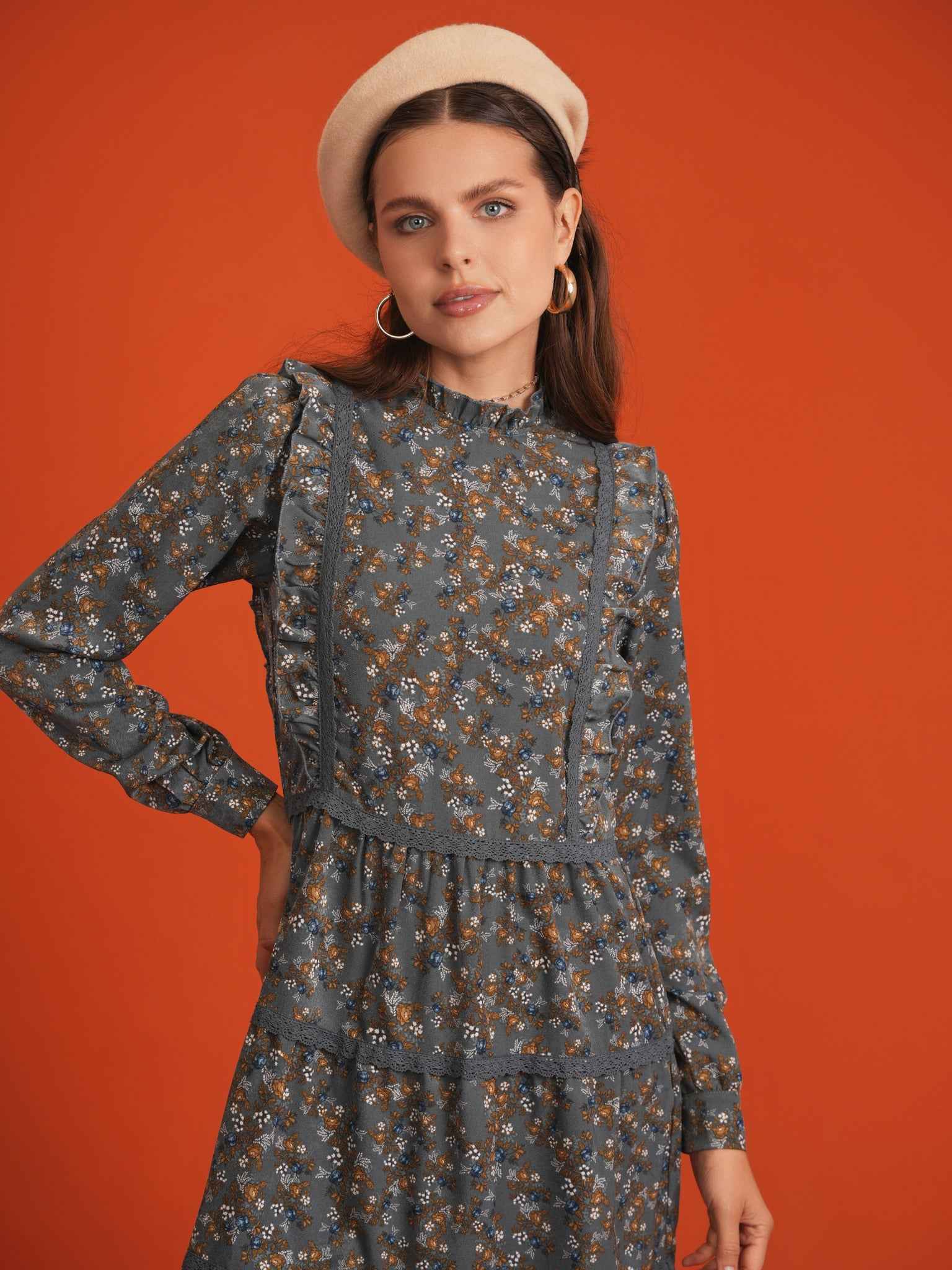 Floral Print Lace Trim Dress