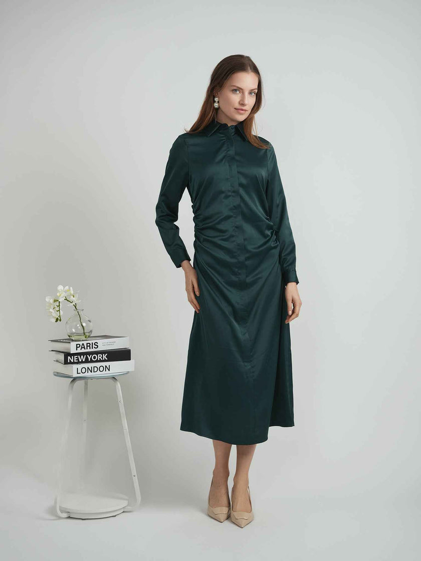 Satin Side Gathered Shirt Dress