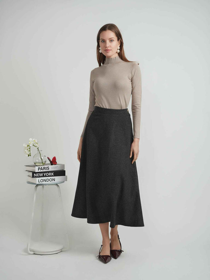 Wool Button Side Midi Skirt