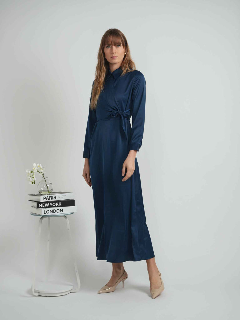 Maxi Satin Wrap Shirt Dress