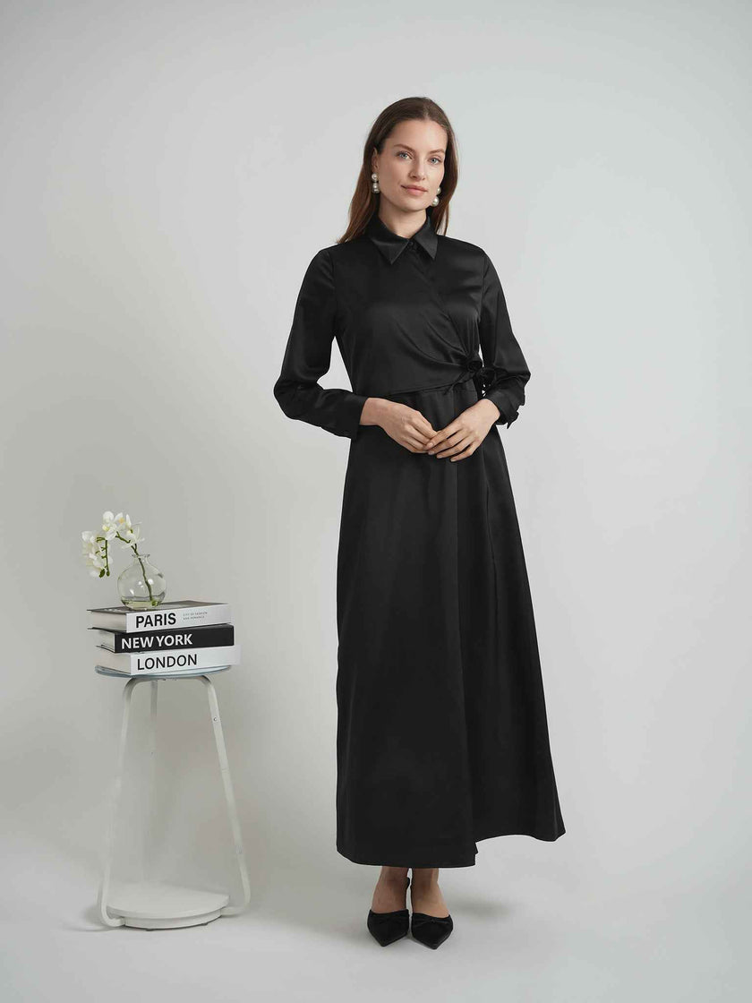 Maxi Satin Wrap Shirt Dress