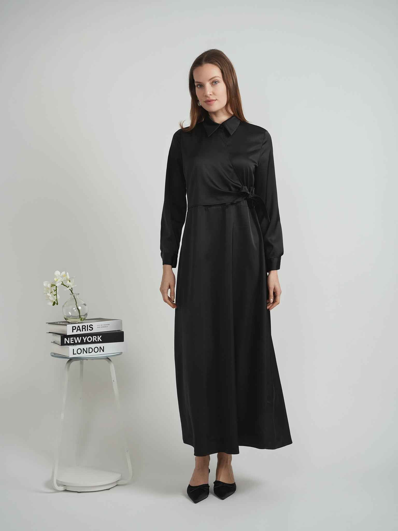Maxi Satin Wrap Shirt Dress