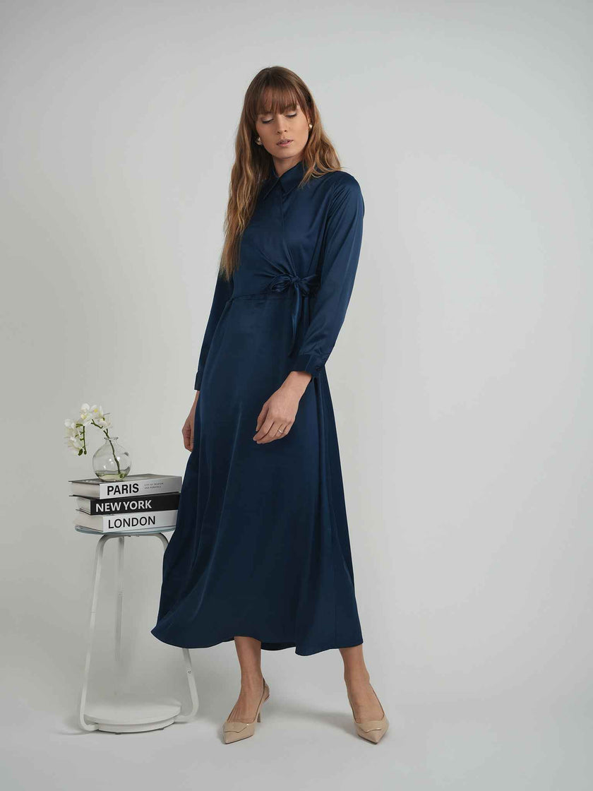 Maxi Satin Wrap Shirt Dress