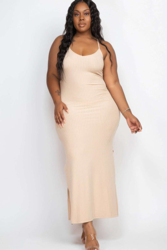 Plus Size Ribbed Side Slit Long Cami Maxi Dress - Pikemla