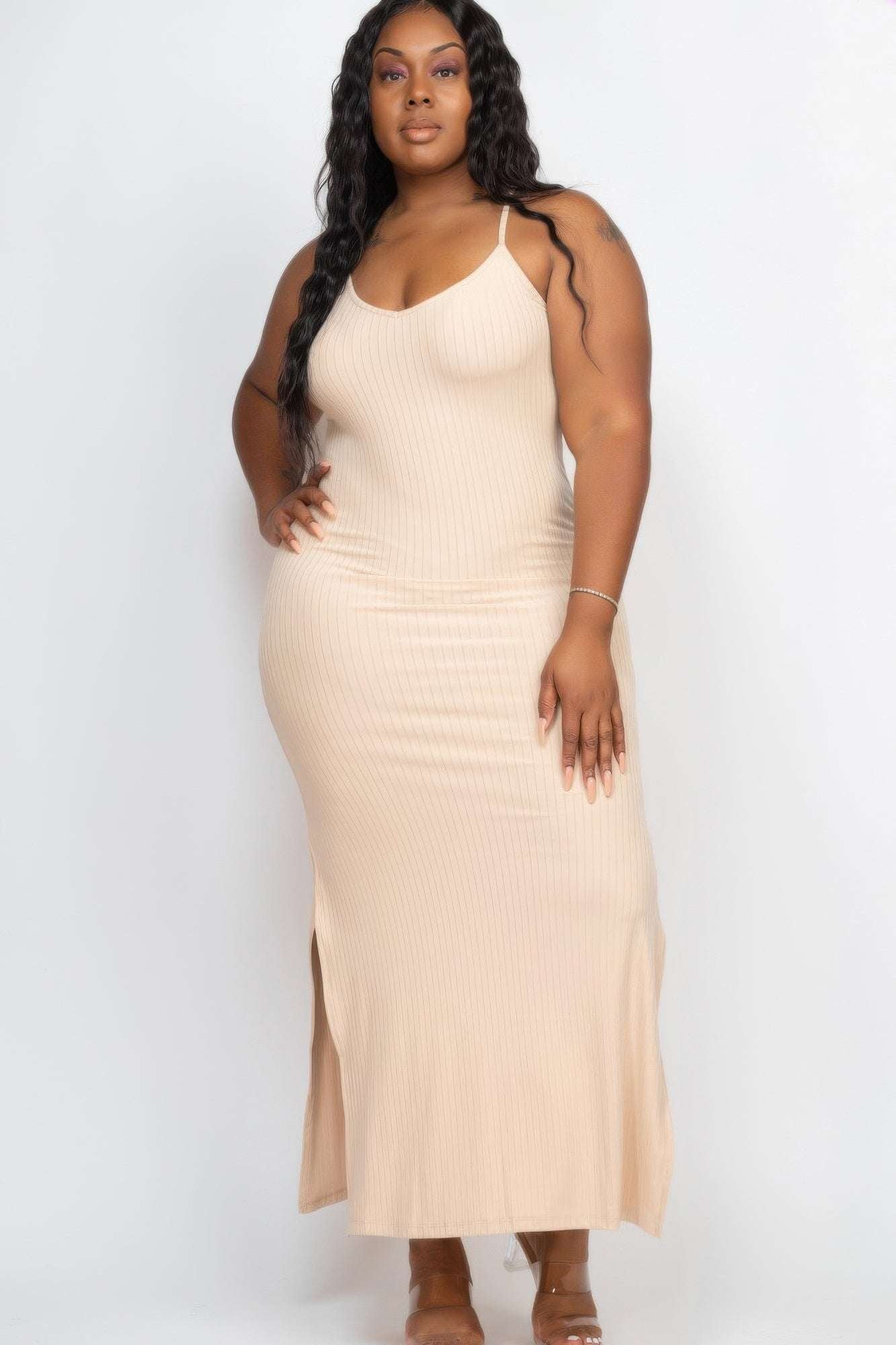 Plus Size Ribbed Side Slit Long Cami Maxi Dress - Pikemla