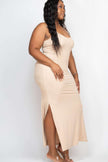 Plus Size Ribbed Side Slit Long Cami Maxi Dress - Pikemla