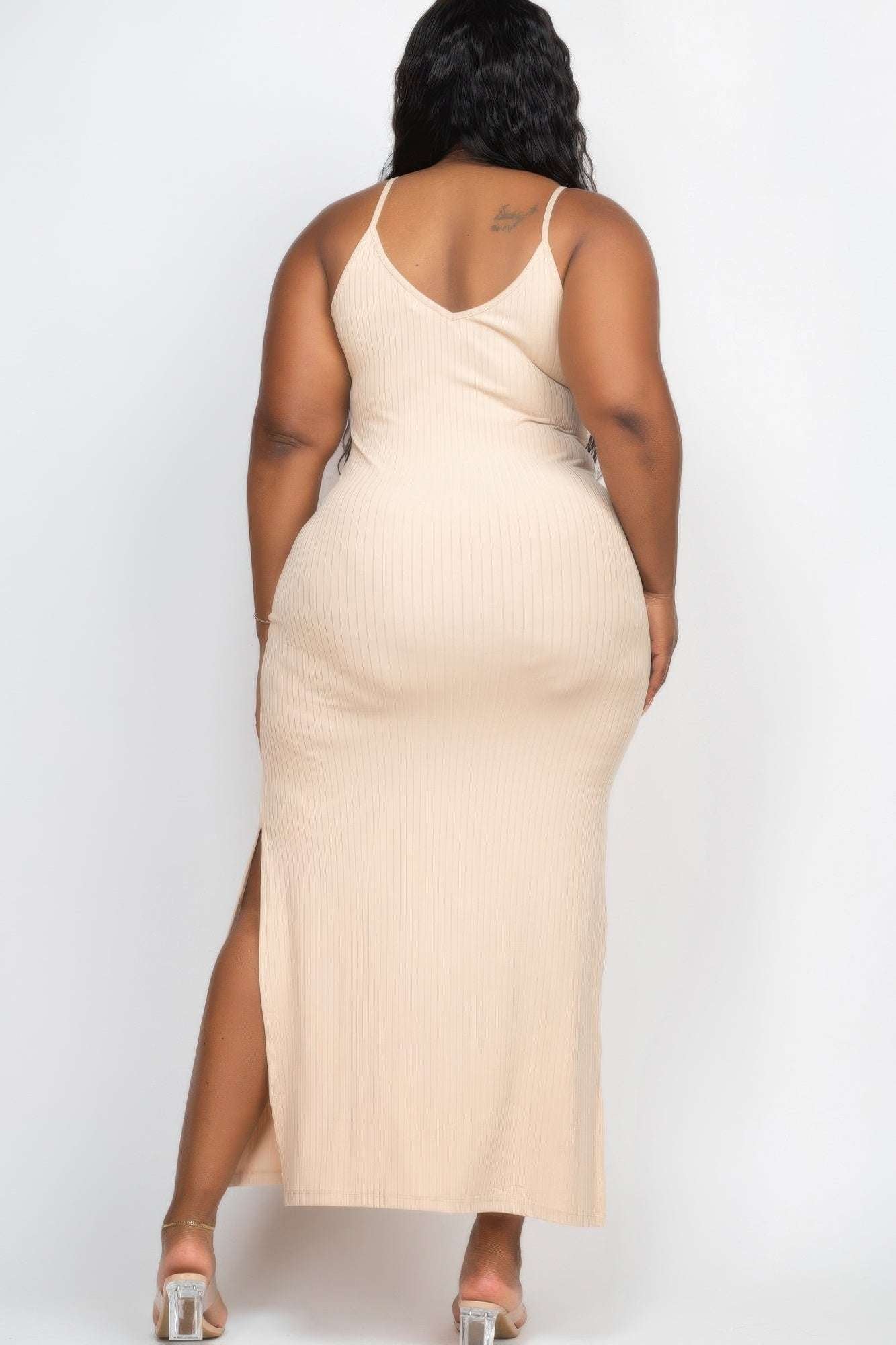 Plus Size Ribbed Side Slit Long Cami Maxi Dress - Pikemla