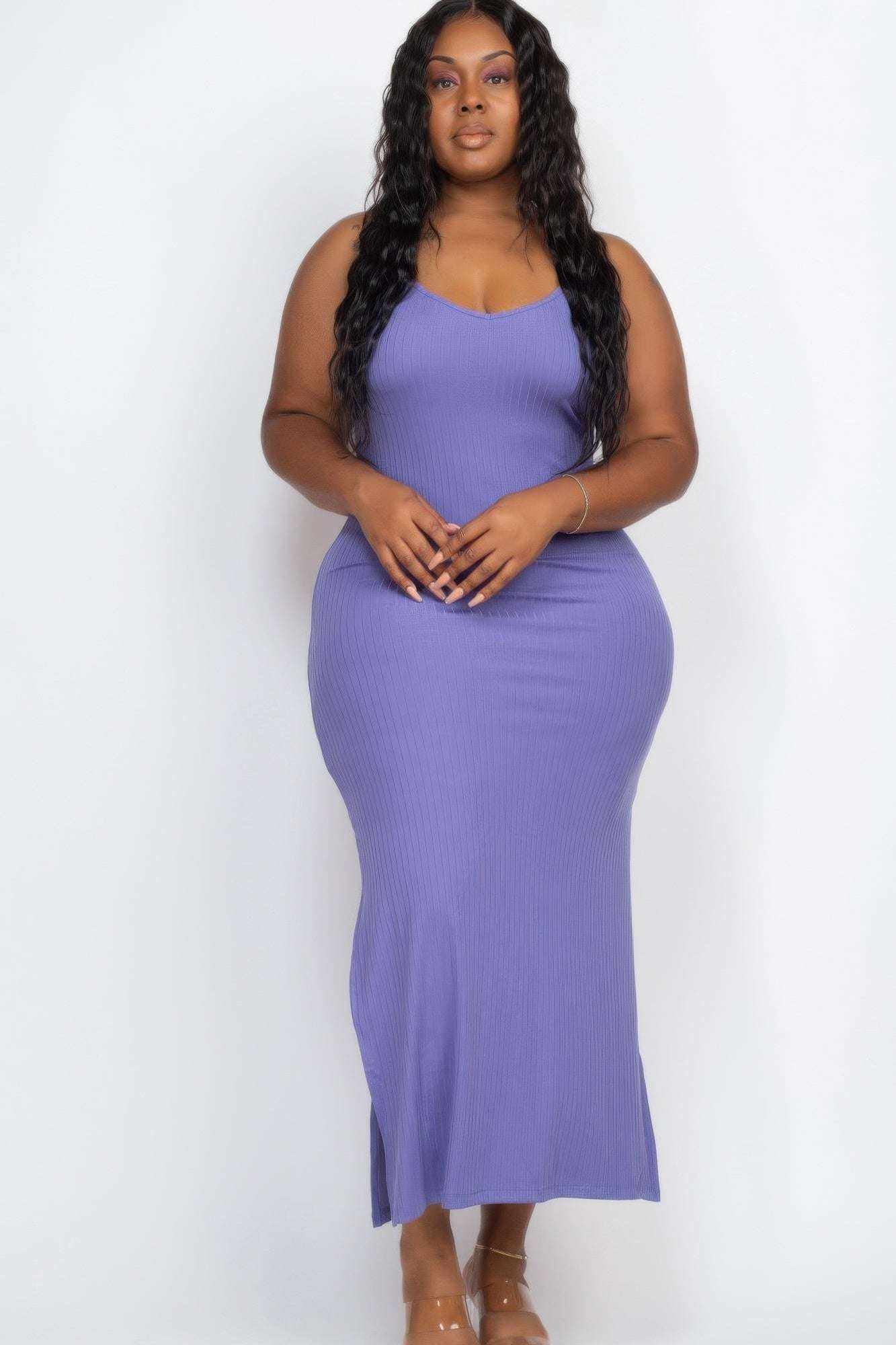 Plus Size Ribbed Side Slit Long Cami Maxi Dress - Pikemla