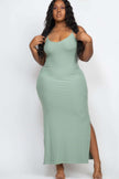 Plus Size Ribbed Side Slit Long Cami Maxi Dress - Pikemla