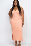 Plus Size Ribbed Side Slit Long Cami Maxi Dress - Pikemla