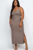 Plus Size Ribbed Side Slit Long Cami Maxi Dress - Pikemla