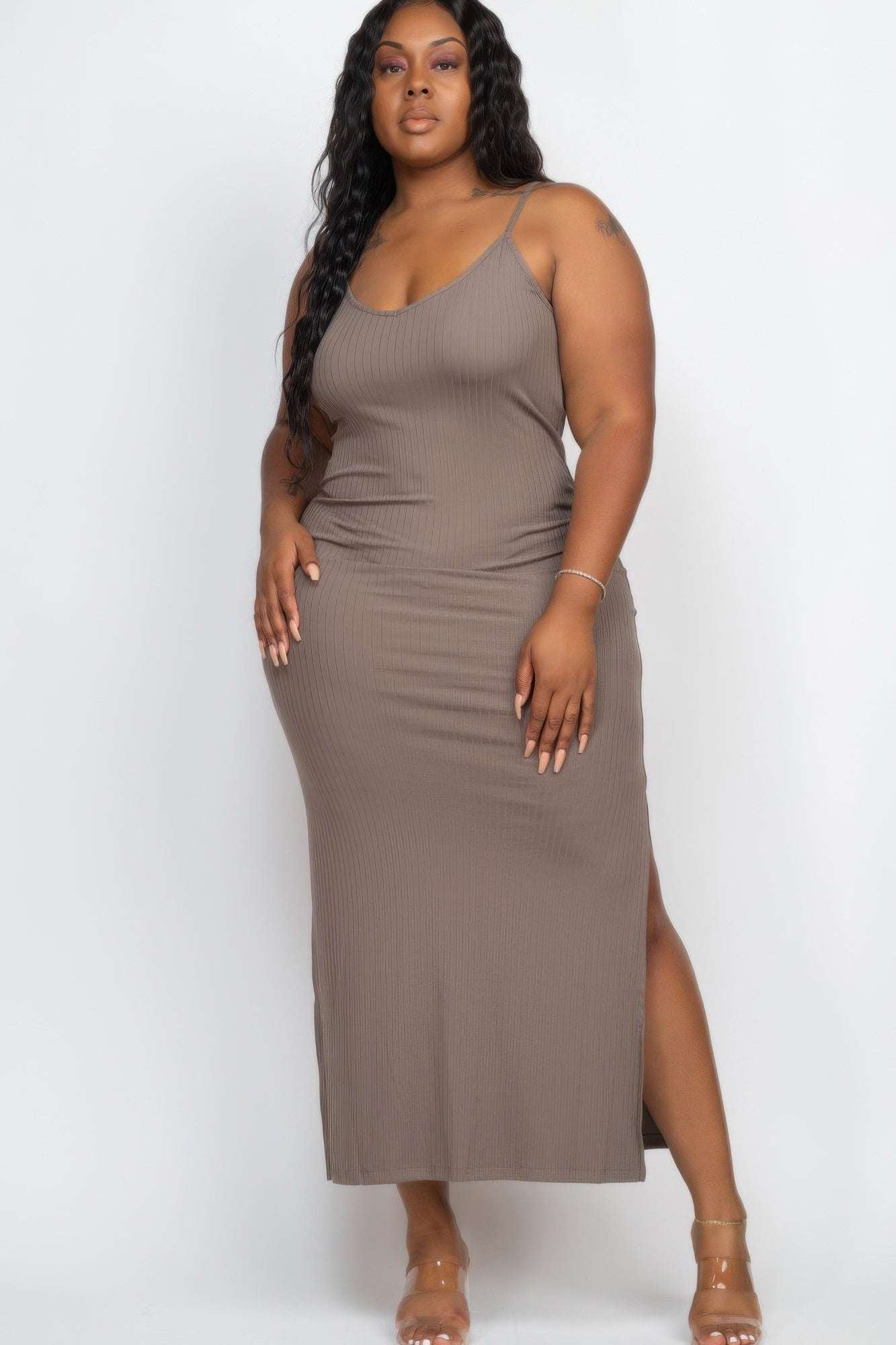 Plus Size Ribbed Side Slit Long Cami Maxi Dress - Pikemla