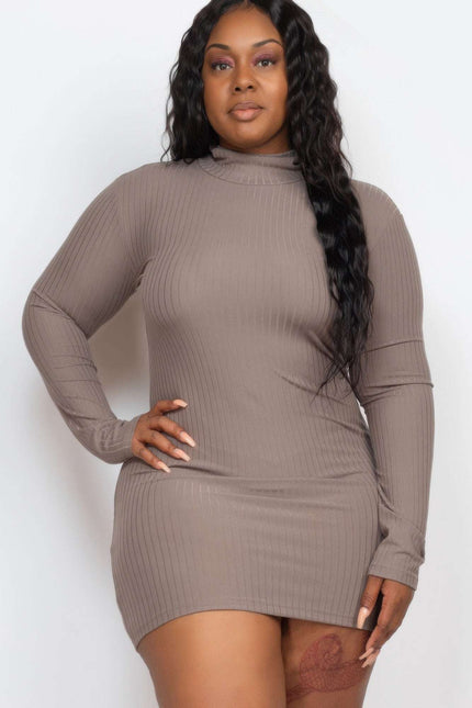 Plus Size Ribbed Long Sleeve Mock Neck Mini Bodycon Dress - Pikemla