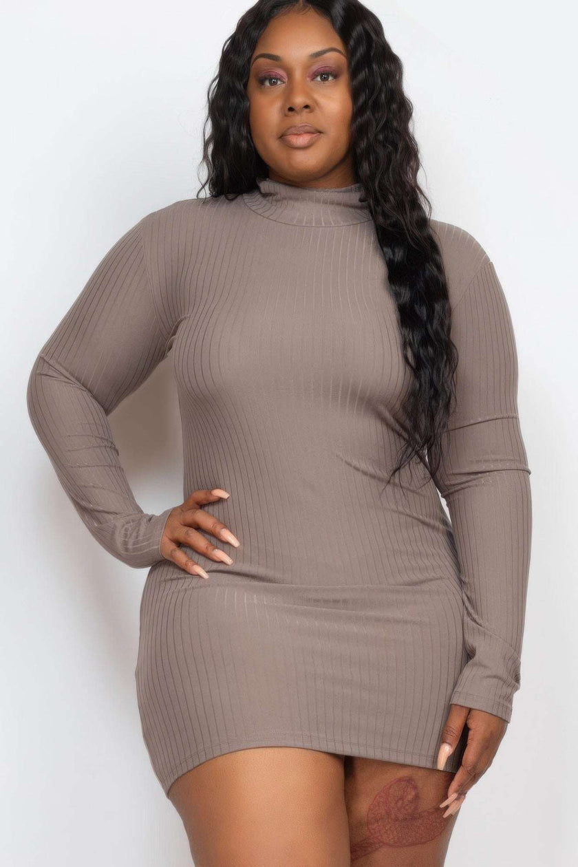 Plus Size Ribbed Long Sleeve Mock Neck Mini Bodycon Dress - Pikemla